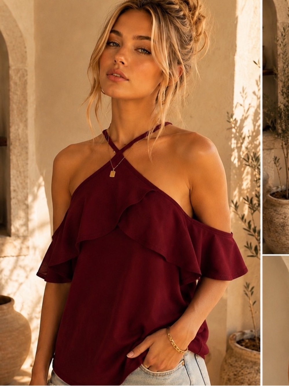 Express Burgundy Cold Shoulder Ruffle Halter Blouse L Romantic Top
